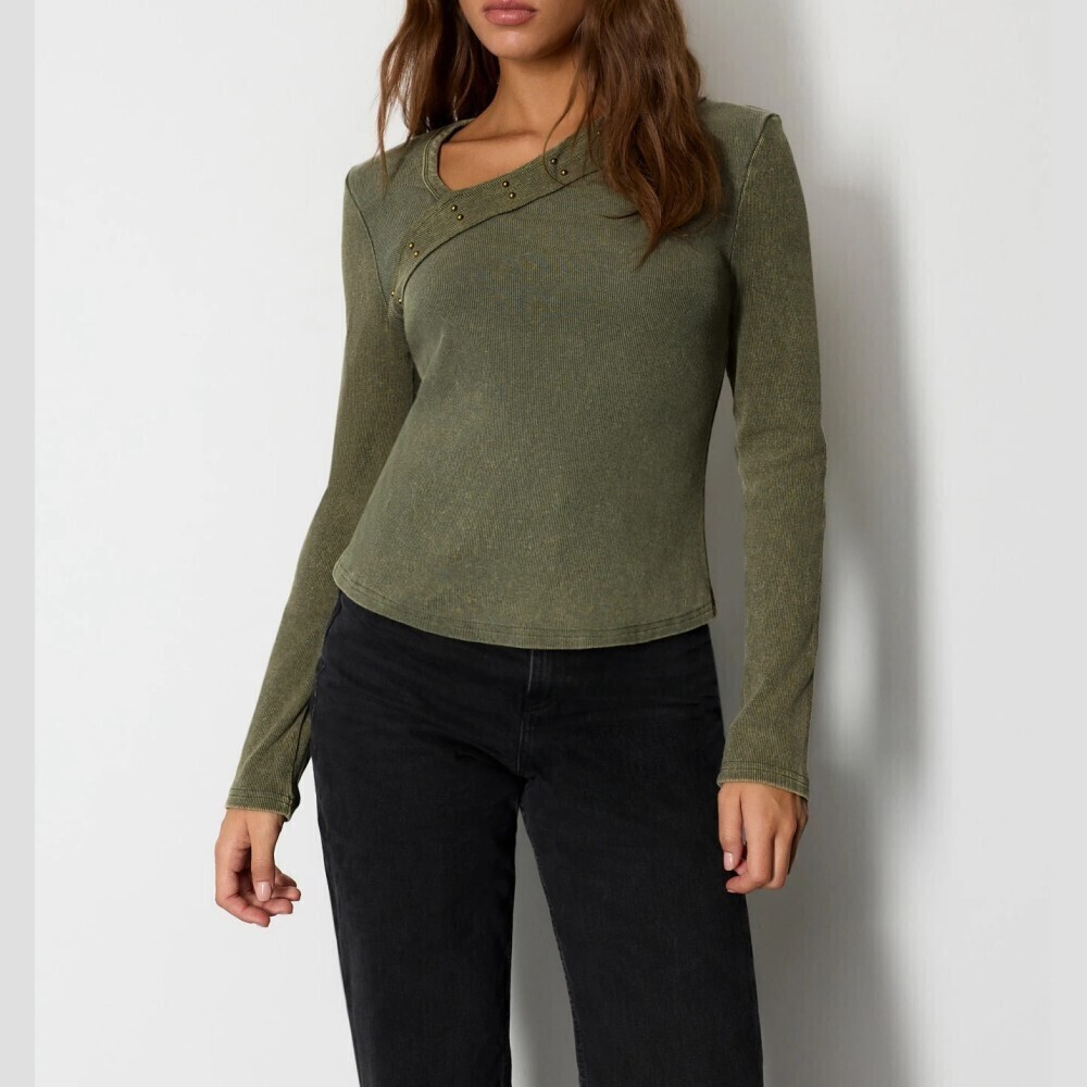 Olive Green Thin Ribbed Knit Asymmetric Studded Round Neck Long Sleeve Top